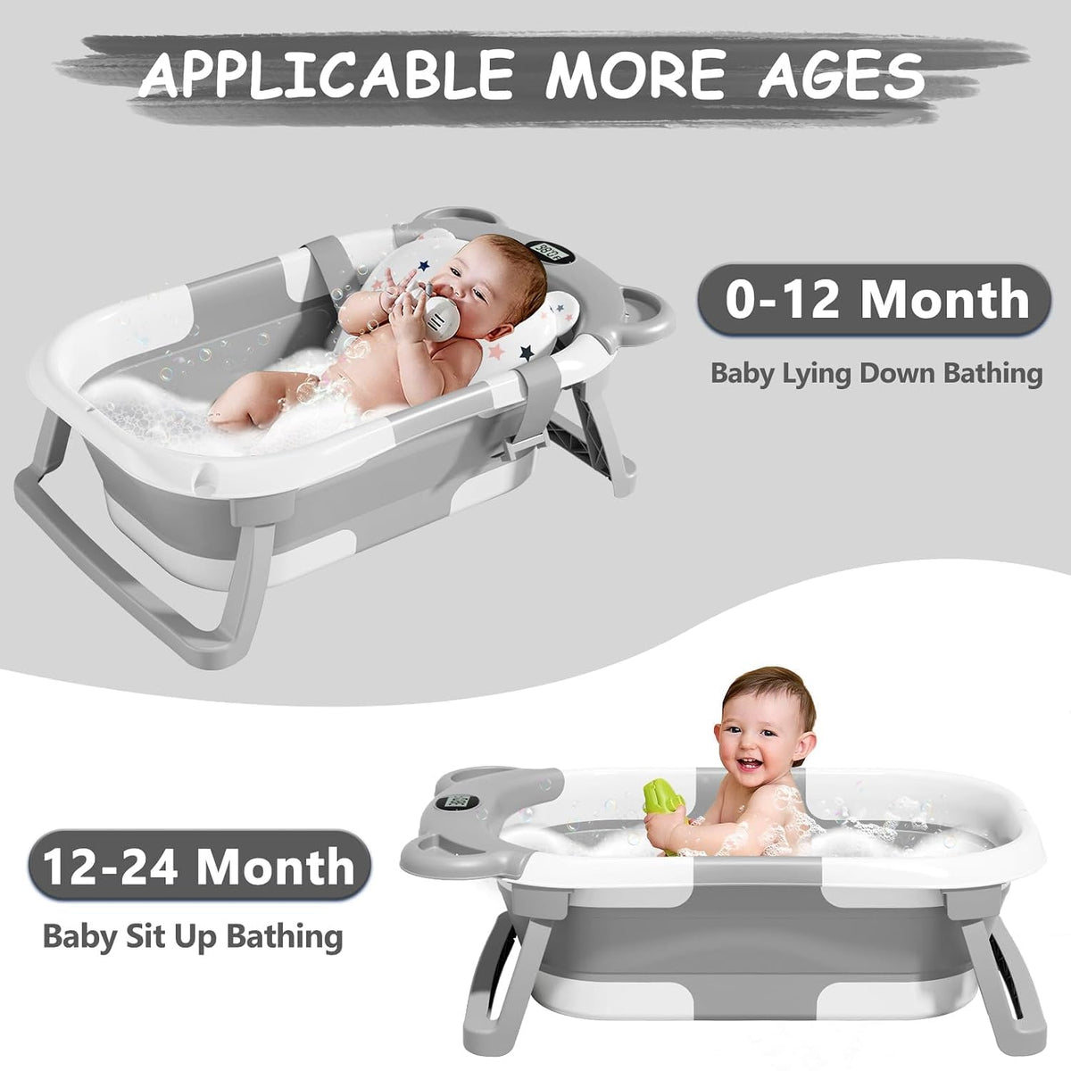 MoreFeel Collapsible Baby Bathtub for Newborn with Thermometer & 1 Hooded Towel & 1 Soft Floating Cushion,Portable Travel Bathtub with Drain Hole, Durable Foldable Baby Tubs for Infants to Toddler