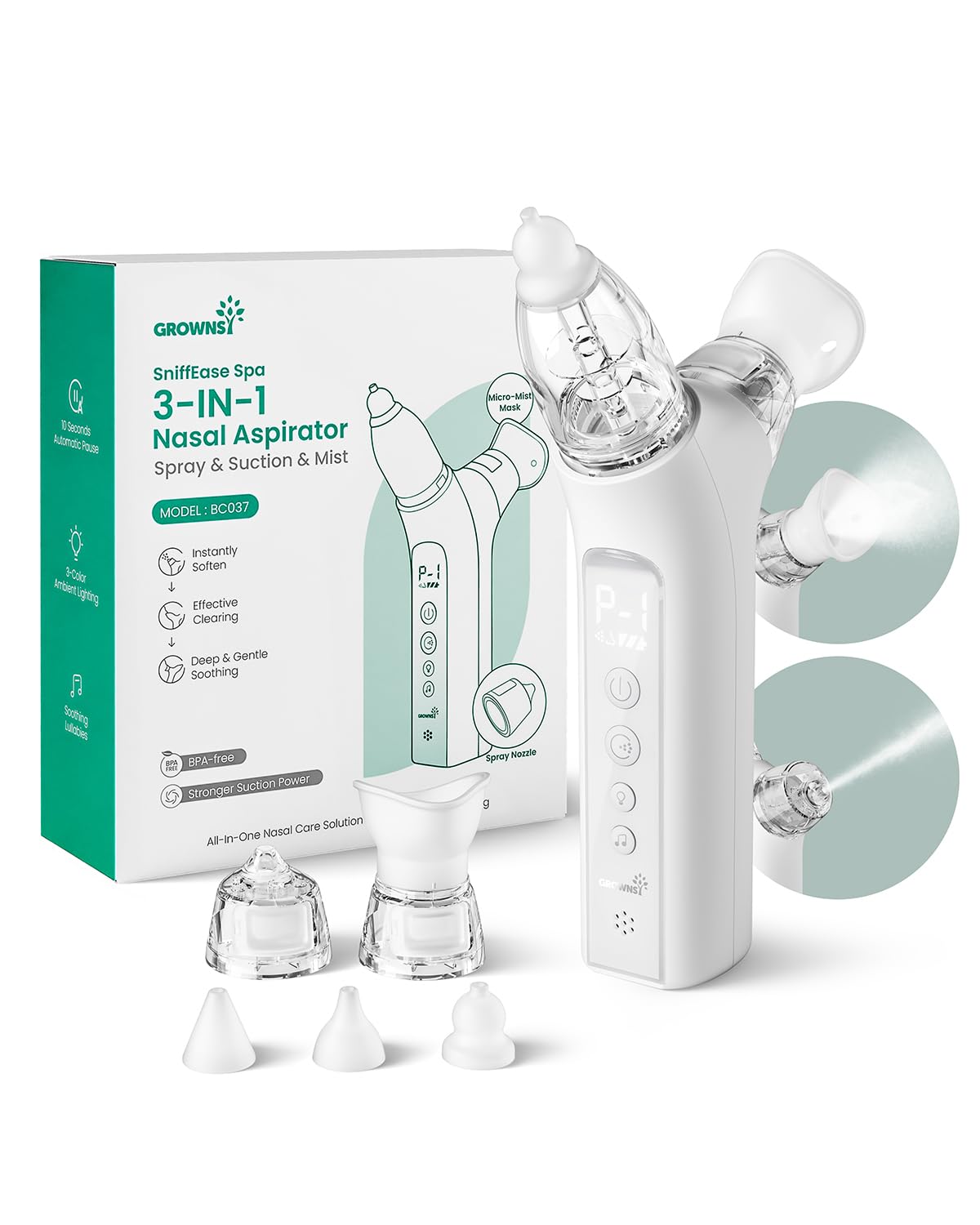 GROWNSY SniffEase 3-in-1 Baby Nasal Aspirator – Spray, Suction & Mist, Grey