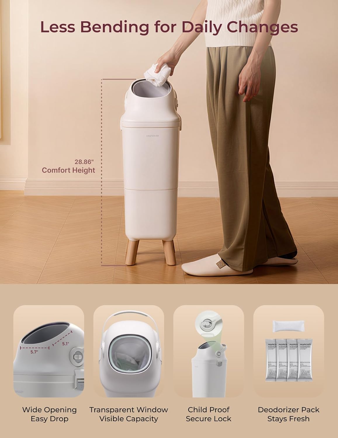Momcozy Triple-Seal Diaper Pail with Odor Locking, Ergonomic Height Design