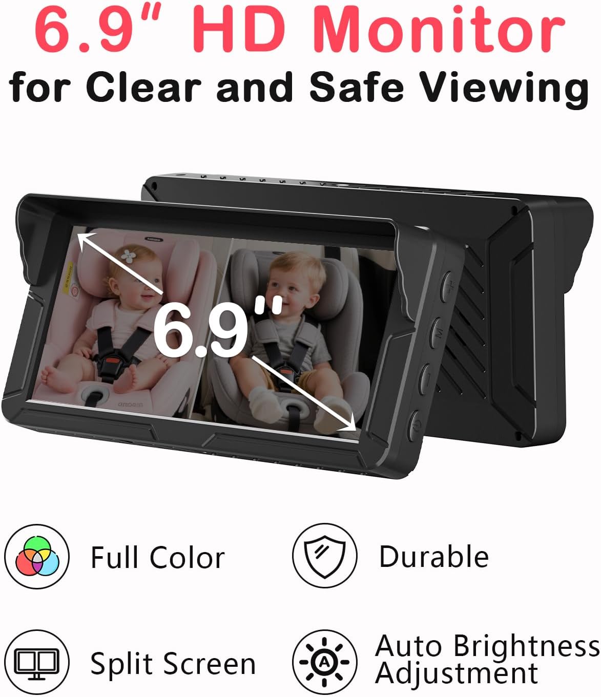 Rohent Dual Baby Car Camera for 2-Kids: 6.9'' HD Split Screen 1080P