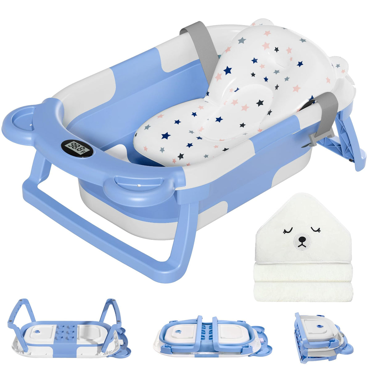 MoreFeel Collapsible Baby Bathtub for Newborn with Thermometer & 1 Hooded Towel & 1 Soft Floating Cushion,Portable Travel Bathtub with Drain Hole, Durable Foldable Baby Tubs for Infants to Toddler