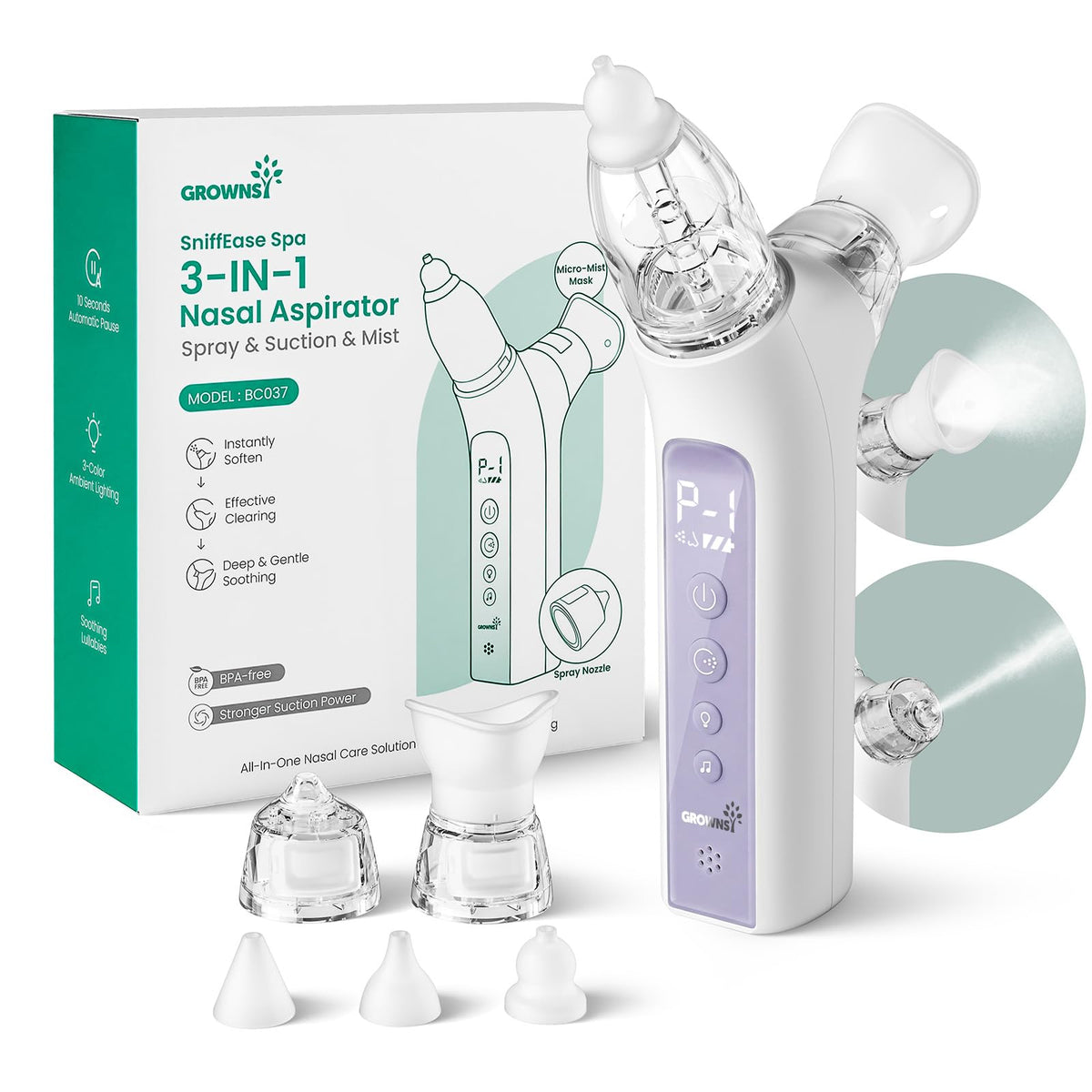 GROWNSY SniffEase 3-in-1 Baby Nasal Aspirator – Spray, Suction & Mist, Grey