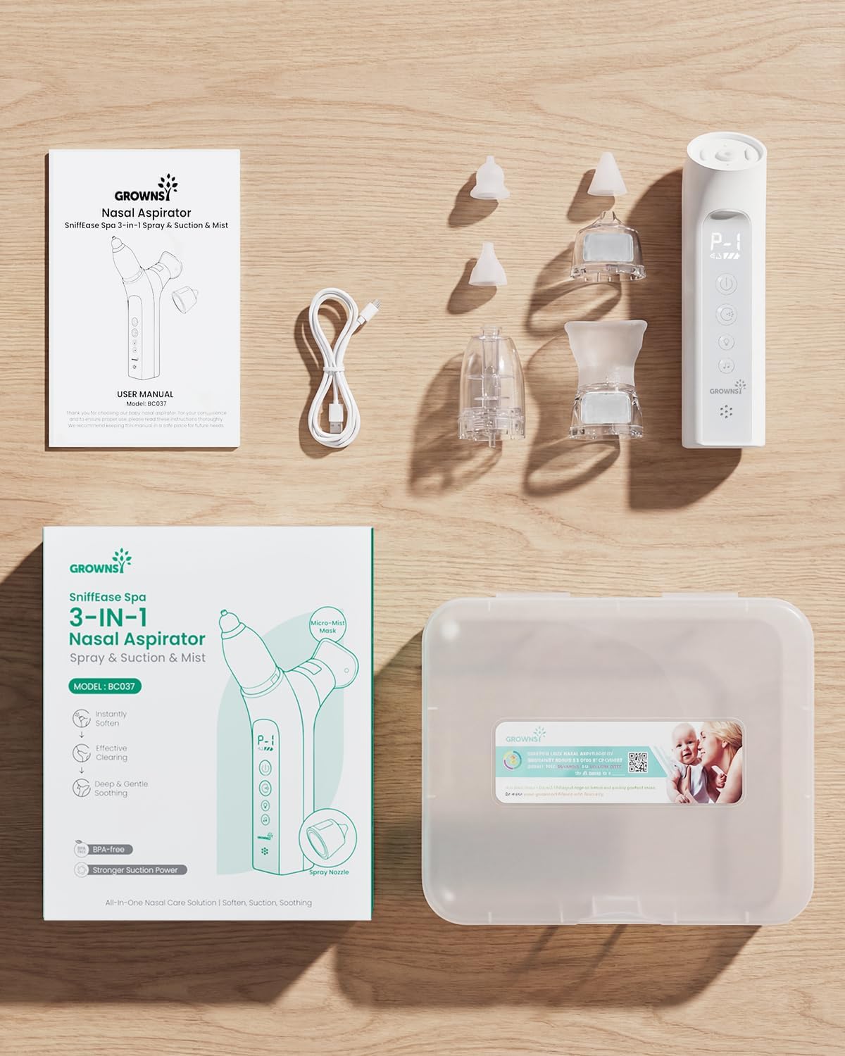 GROWNSY SniffEase 3-in-1 Baby Nasal Aspirator – Spray, Suction & Mist, Grey