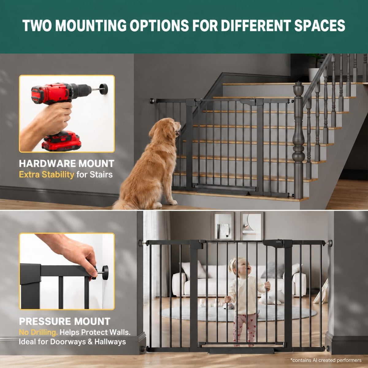Cumbor 29.7-51.5 in Extra Wide Baby Gate for Stairs, Dog Gate Indoor Black