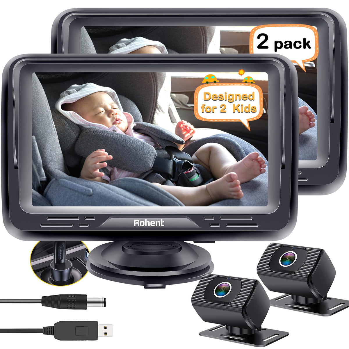 Rohent Dual Baby Car Camera for 2-Kids: 6.9'' HD Split Screen 1080P