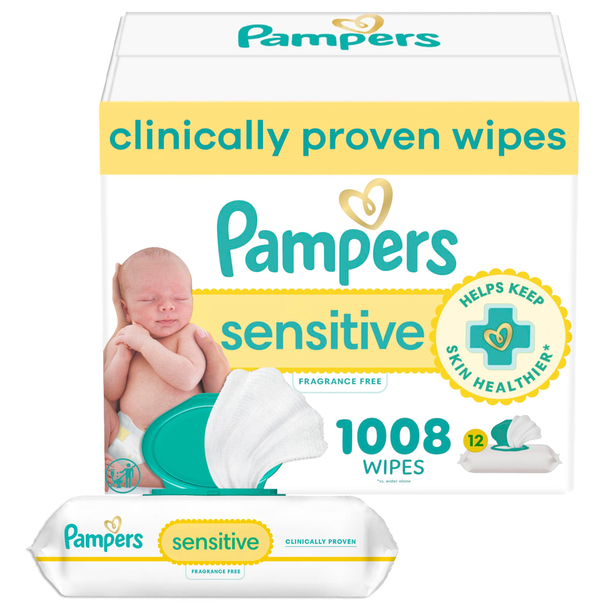 Pampers Sensitive Baby Wipes, Clinically Proven, Fragrance Free, Unscented, Water Based, Hypoallergenic, Multi-Use, 1344 Wipes Total (24X Flip-Top Packs) [Packaging May Vary]