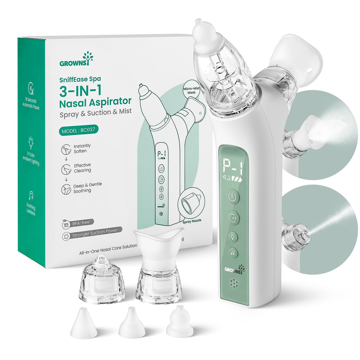 GROWNSY SniffEase 3-in-1 Baby Nasal Aspirator – Spray, Suction & Mist, Grey