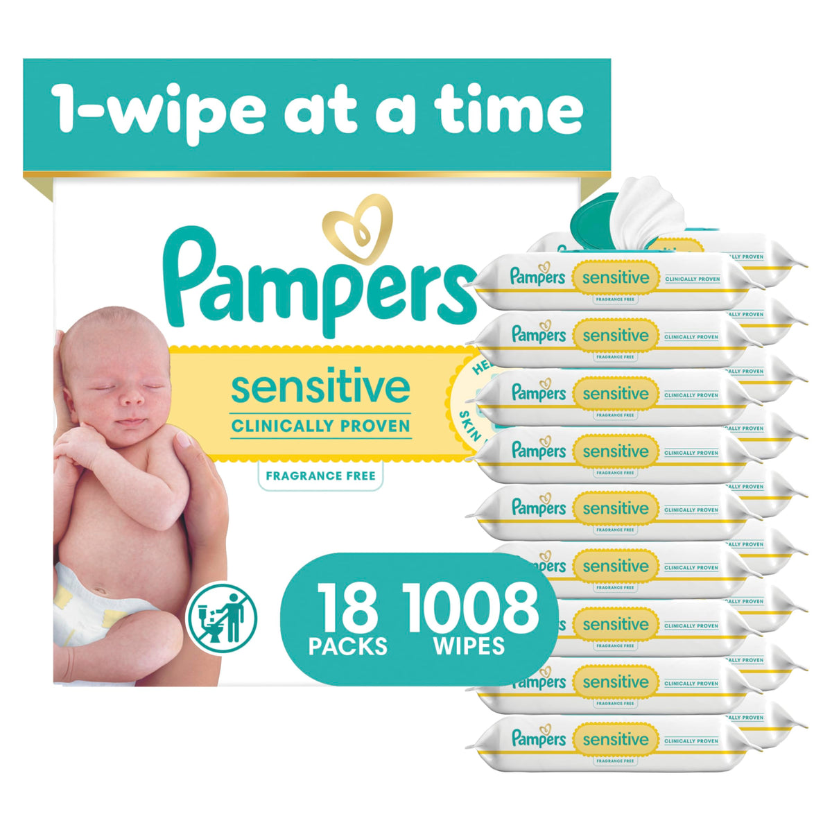 Pampers Sensitive Baby Wipes, Clinically Proven, Fragrance Free, Unscented, Water Based, Hypoallergenic, Multi-Use, 1344 Wipes Total (24X Flip-Top Packs) [Packaging May Vary]