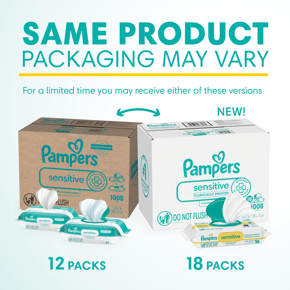 Pampers Sensitive Baby Wipes, Clinically Proven, Fragrance Free, Unscented, Water Based, Hypoallergenic, Multi-Use, 1344 Wipes Total (24X Flip-Top Packs) [Packaging May Vary]
