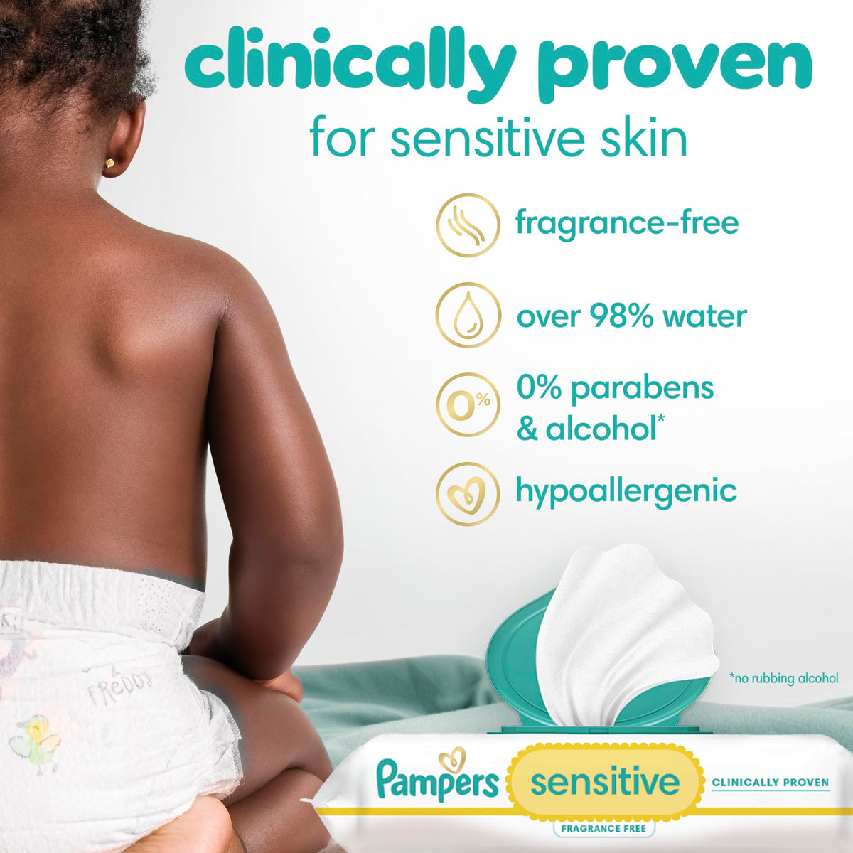 Pampers Sensitive Baby Wipes, Clinically Proven, Fragrance Free, Unscented, Water Based, Hypoallergenic, Multi-Use, 1344 Wipes Total (24X Flip-Top Packs) [Packaging May Vary]